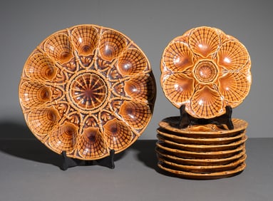 9pc French Brown Scallop Plate Set - Platter & 8 Plates