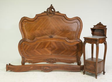 Louis XV Style Walnut Bed with Rails & Nightstand