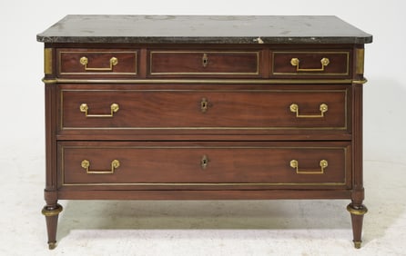 Louis XVI Style Grey Marble Top Mahogany Chest