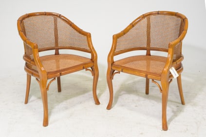 French Faux Bamboo Pair of Caned Arm Chairs