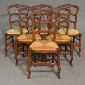 Louis XV Style Set of 6 Oak Rush Seat Chairs