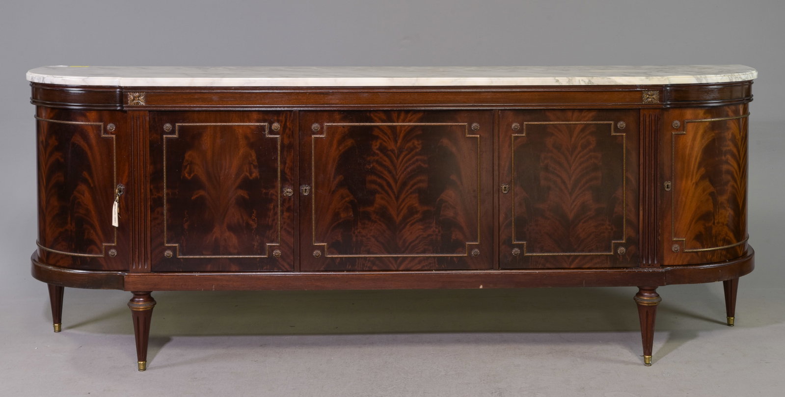 Louis XVI Style Marble Top Curved Sideboard: French Louis XVI Style White Marble Top Curved Sideboard / Enfilade - 39.25 in tall x 103.5 x 21.5