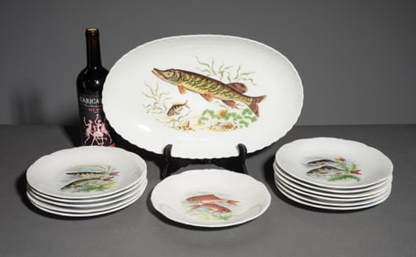 13pc French Fish Plate Set - Platter & 12 Plates