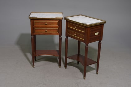 Louis XVI Style Pair of White Marble Top Chests