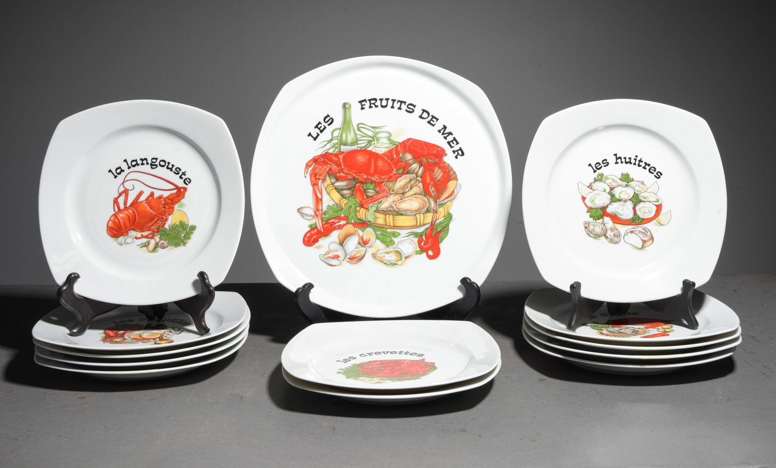 13pc French Lobster / Seafood Plate Set: 13pc French Lobster / Seafood Plate Set - Platter & 12 Plates - Platter is 1 in tall x 13 x 13, Plates are 1 in tall x 9 x 9 each