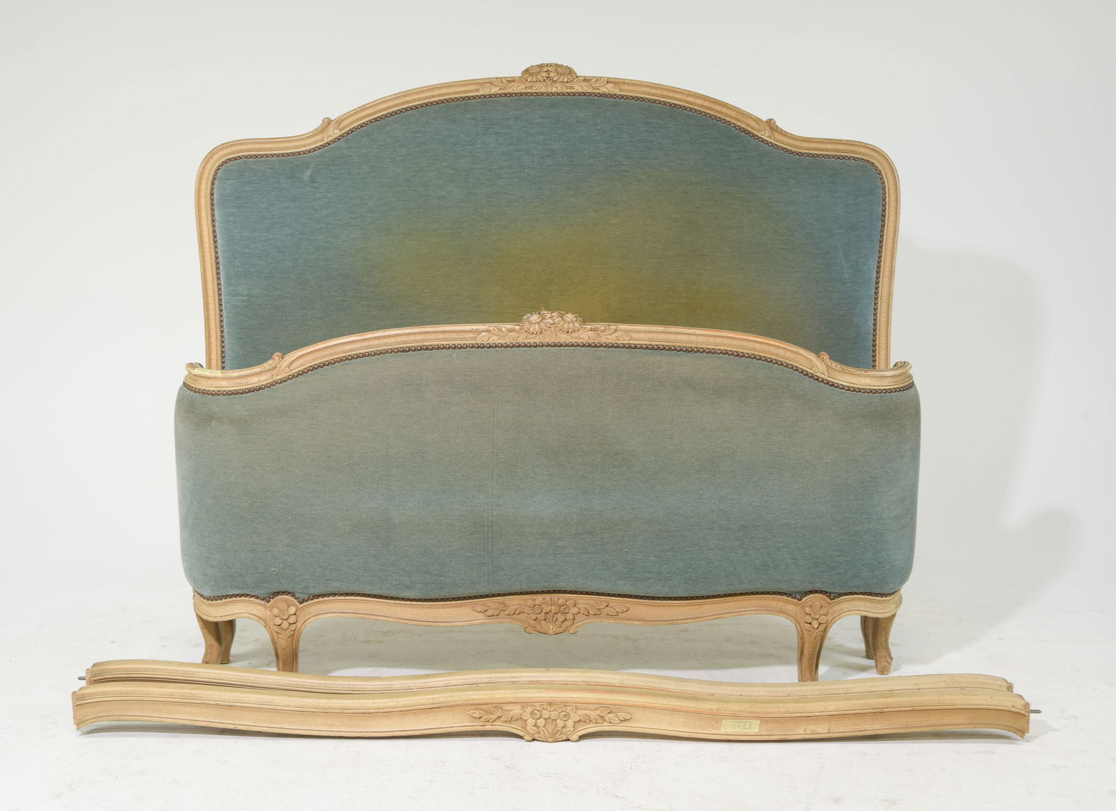 Louis XV Style Painted Upholstered Bed with Rails: French Louis XV Style Painted Upholstered Bed with Rails - Headboard is 51 in tall x 59.5 x 3, Rails are 72.5 inches long each - This bed is a European size which can usually be converted to an Americ