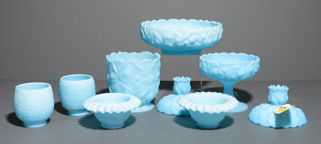 9pcs Assorted Fenton Blue Satin Glassware