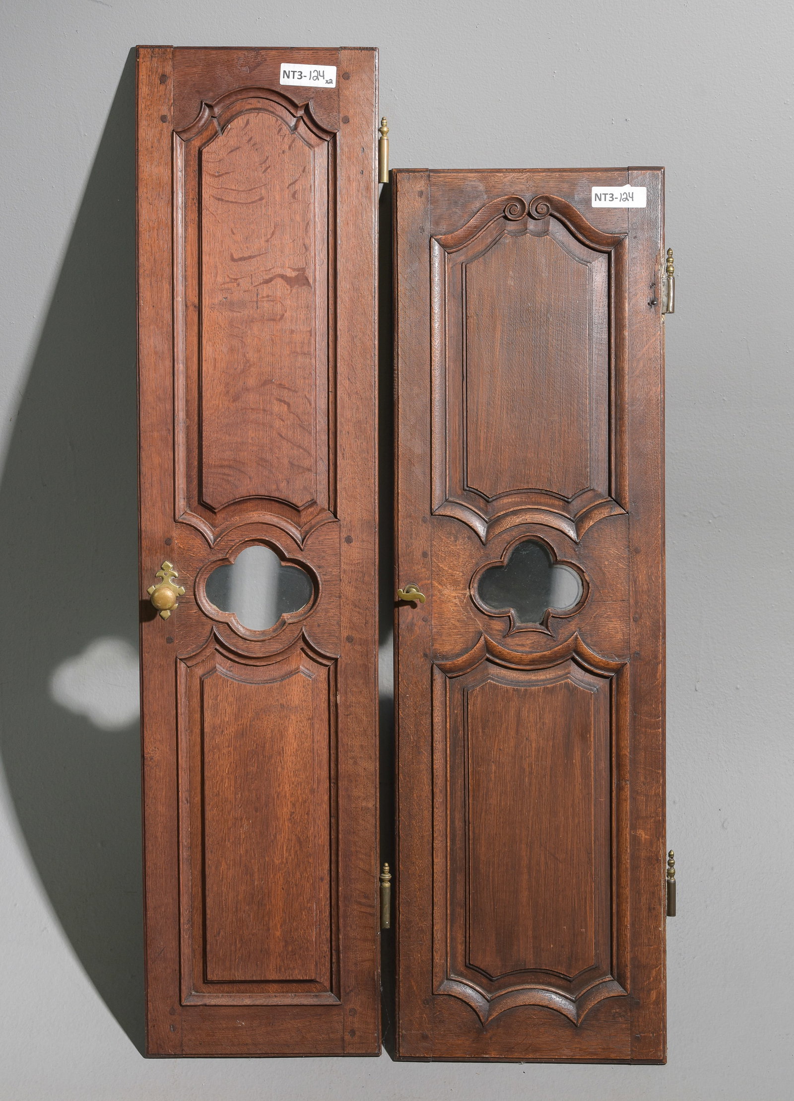 Two French Oak Cupboard Doors: Two French Oak Cupboard Doors - 49 in tall x 12 x 1 and 44 in tall x 14 x 1