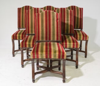 French Set of 6 Oak Striped Upholstered Chairs