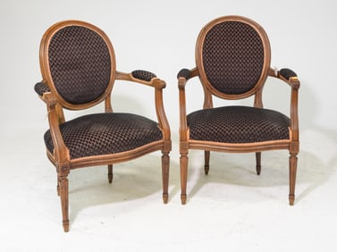Louis XVI Style Pair of Upholstered Arm Chairs