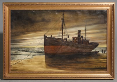 Antique Gold Framed Oil on Canvas - Beached Ship
