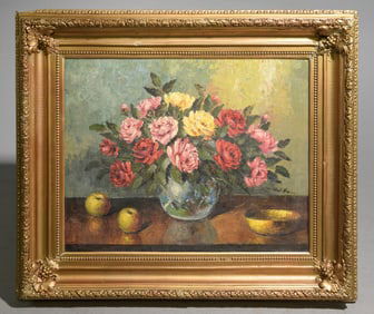 Antique Gold Framed Oil on Canvas Floral Still Life