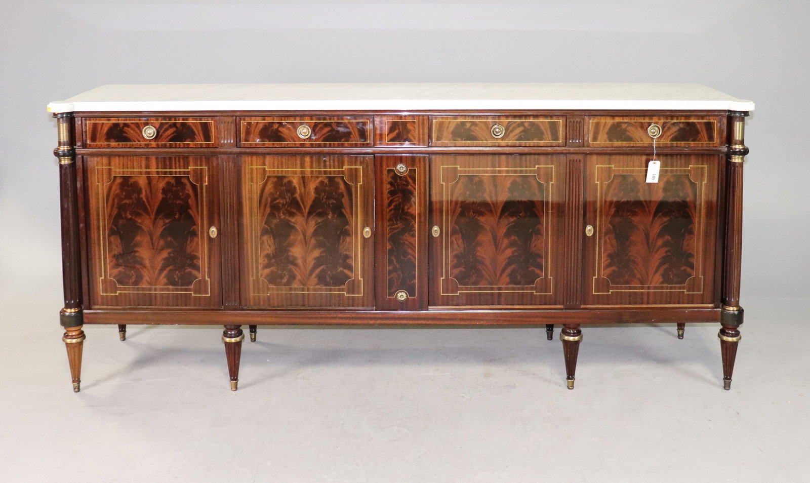 Louis XVI Style White Marble Top Sideboard: French Louis XVI Style White Marble Top Sideboard / Enfilade - 40.5 in tall x 93.5 x 21.5