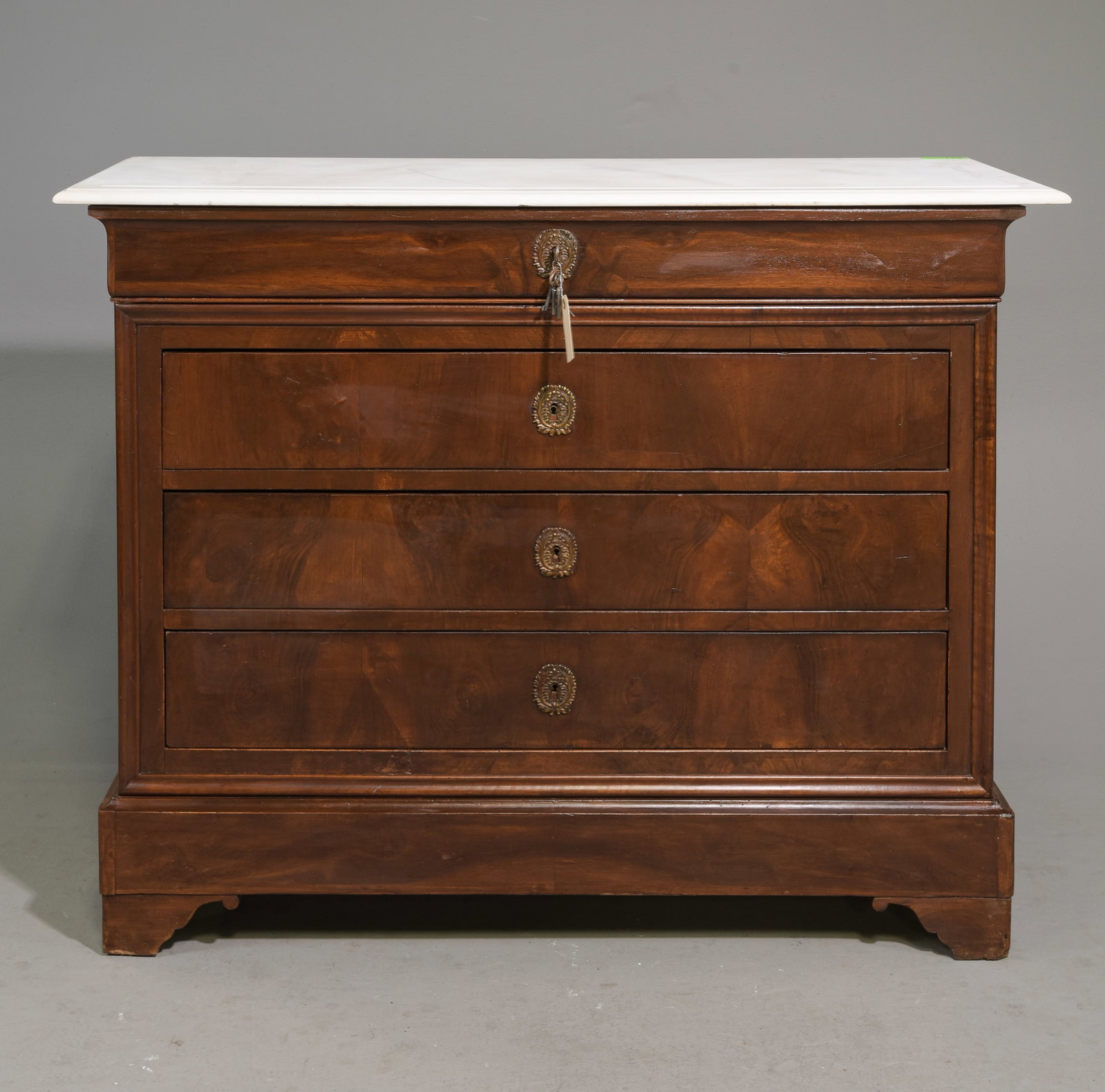 Louis Philippe Style White Marble Top Mahogany Chest: French Louis Philippe Style White Marble Top Mahogany Chest - 39 in tall x 49.5 x 21