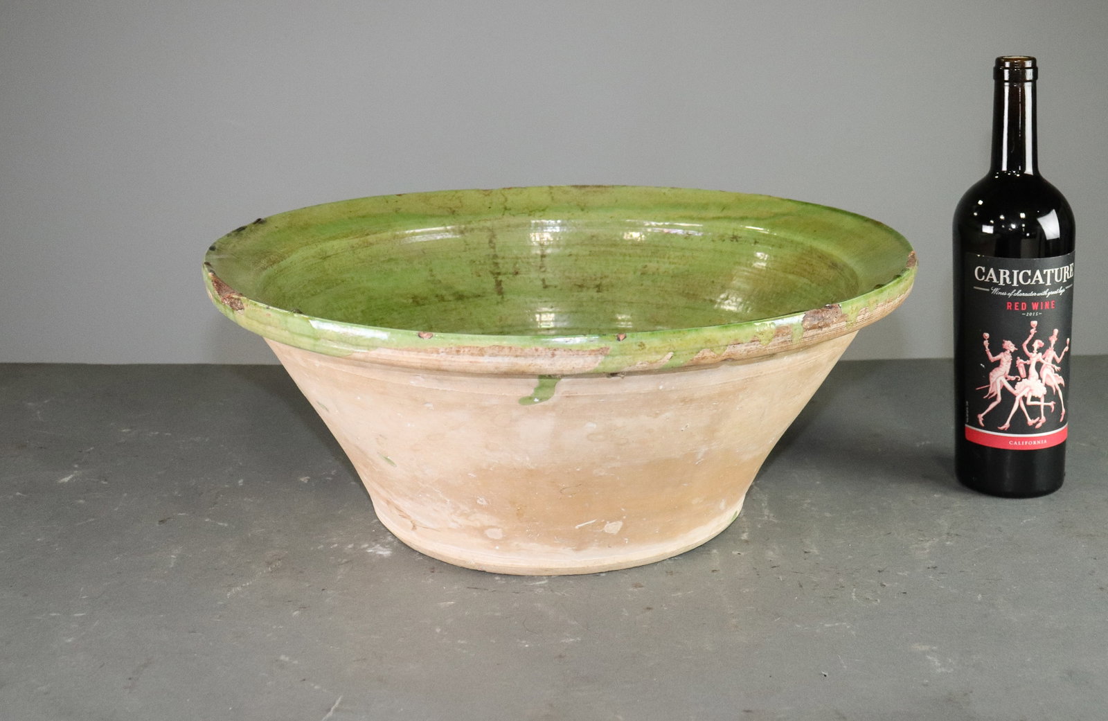 Italian Green Glazed Olive Bowl: Italian Green Glazed Olive Bowl - 7.5 in tall x 18 in diameter