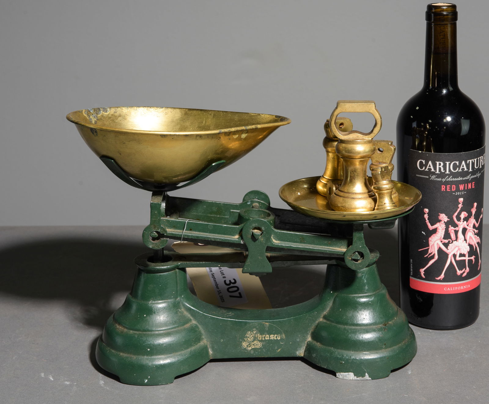 British Green Balance Scale with Brass Bell Weights (1 of 4)