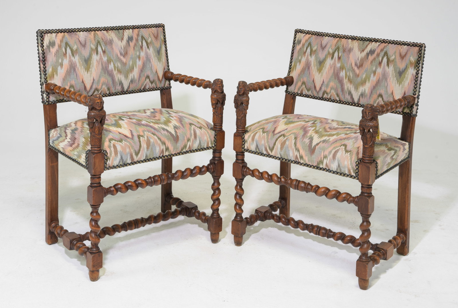 Louis XIII Style Pair of French Twist Walnut Chairs: French Louis XIII Style Pair of French Twist Walnut Arm Chairs - 33.5 in tall x 24 x 16.5 each with a seat height of 19 inches
