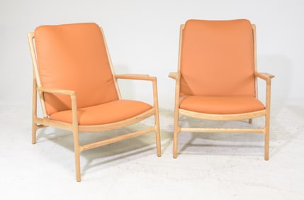 Danish Pair of Dedo Easy Chairs with Tan Vinyl