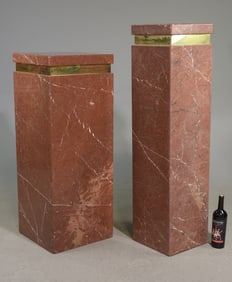 2 Red Marble Pedestals with Brass Finished Accents