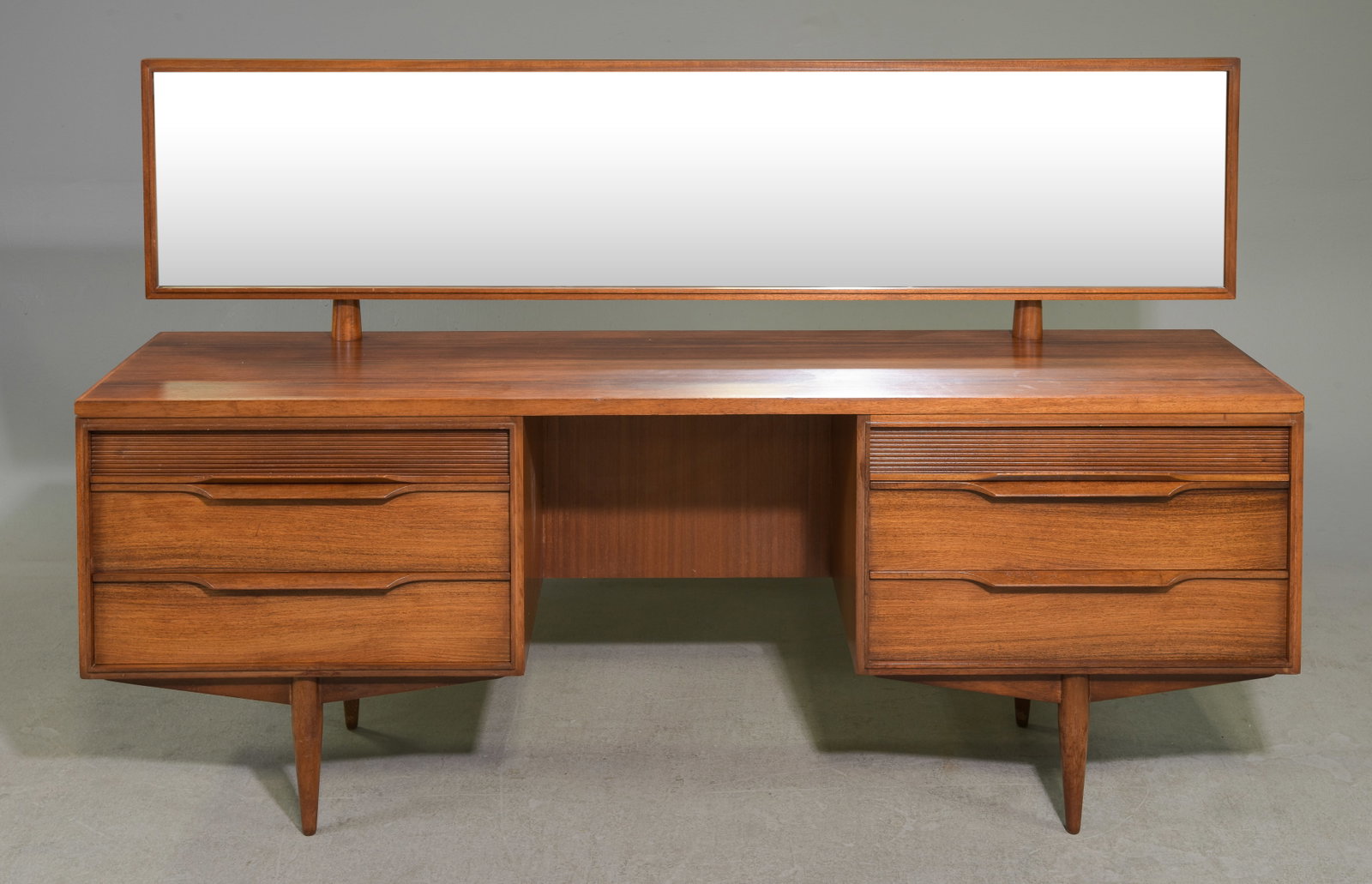 Mid Century Modern Dresser / Desk: Danish Modern Style Dresser with Mirror / Desk - 42 in tall x 66 x 16, Kneehole is 23.75 inches from the floor to under by 18 inches wide