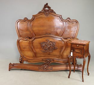 Louis XV Style Walnut Bed with Rails & Nightstand
