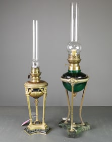 2 French Empire Style Oil Lamps with Chimneys