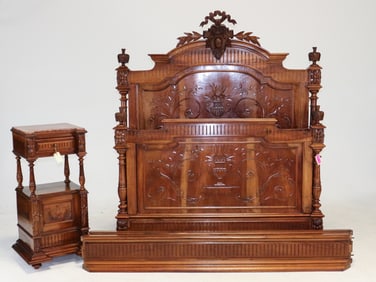 Napoleon III Style Walnut Bed & Marble Top Nightstand