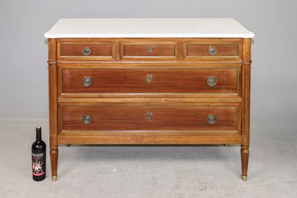 Louis XVI Style White Marble Top Walnut Chest