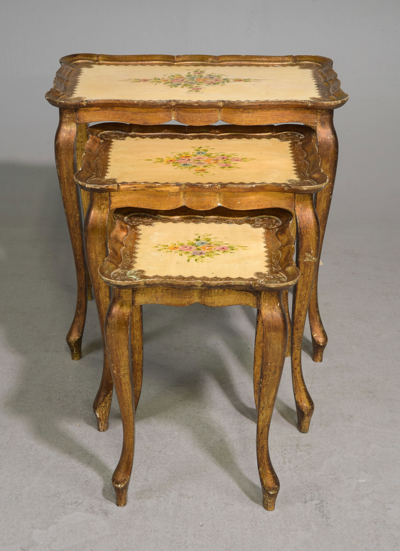 French Florentine Nest of Three Tables: French Florentine Nest of Three Tables - 23 in tall x 23 x 15, 20 in tall x 17 x 14 and 17 in tall x 12 x 12