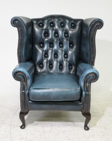 British Blue Leather Wing Back Arm Chair