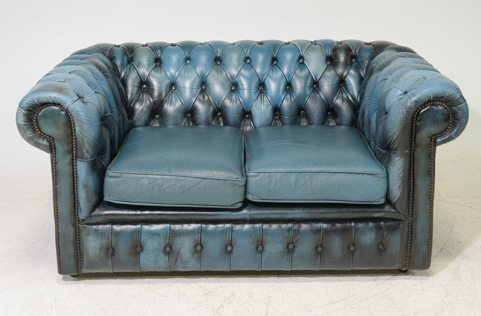British Blue Leather Chesterfield 2 Seater Sofa (1 of 5)