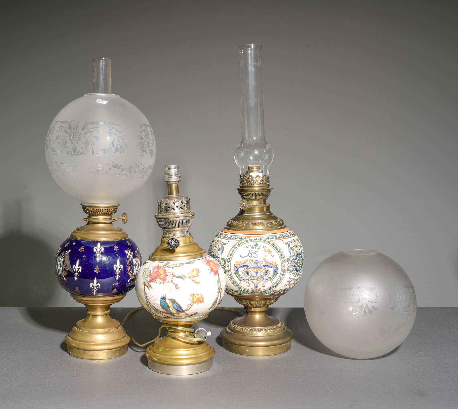 3 French Antique Oil Lamps with Shades: 3 French Antique Oil Lamps with Shades - 22.5 in tall x 8 x 8