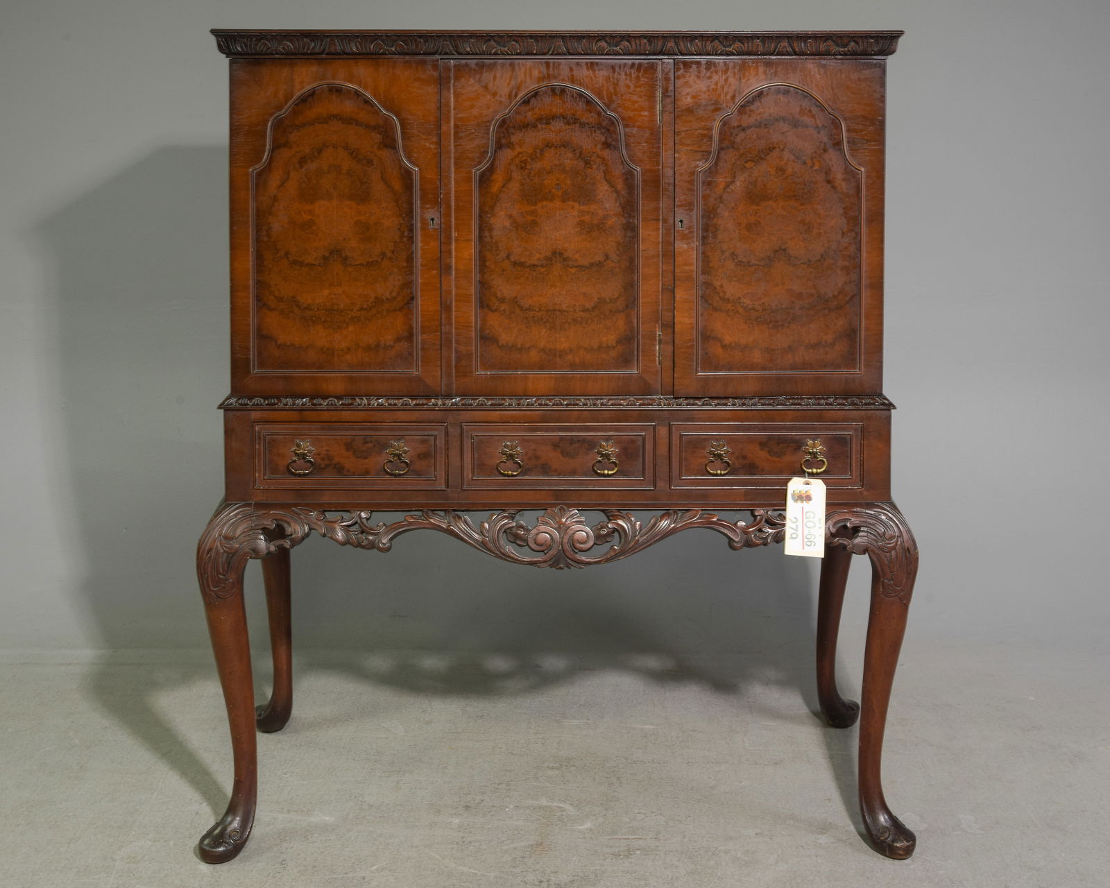 British Mahogany Cocktail / Bar Cabinet: British Mahogany Cocktail / Bar Cabinet on Tall Cabriolle Legs - 52.75 in tall x 46 x 21