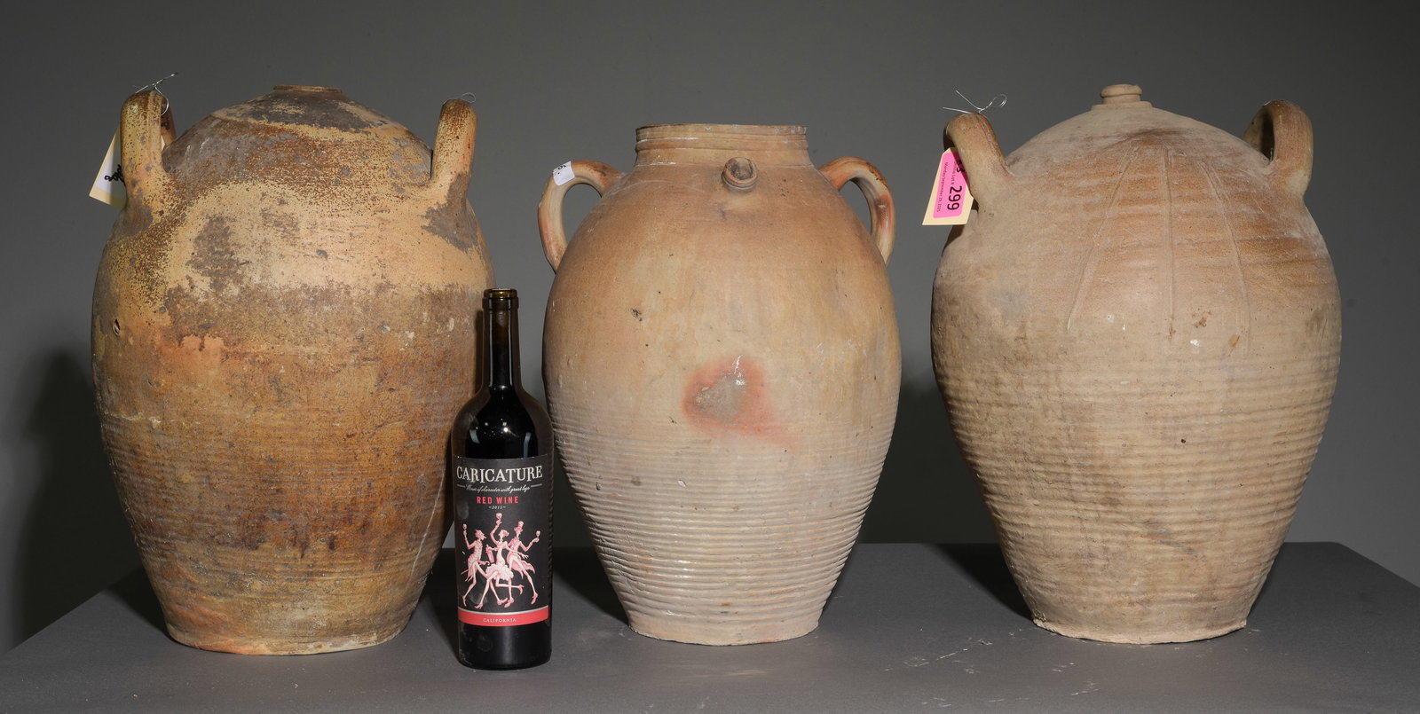 3 Assorted French Large Crocks / Wine Jugs: 3 Assorted French Large Crocks / Wine Jugs - 19 in tall x 12 x 11, 18 in tall x 13 inch diameter and 16 in tall x 13 x 10