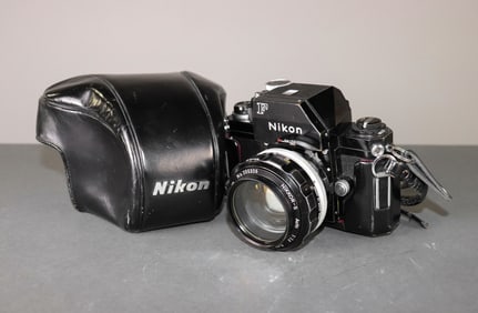 Nikon F Camera Body with Nikkor-S Auto 1:1.2 f=55mm in Black Leather Fitted Case