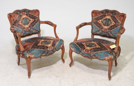 Louis XV Style Pair of Low Upholstered Arm Chairs