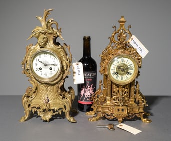 2 Louis XV Style Gilded Bronze Mantle Clocks