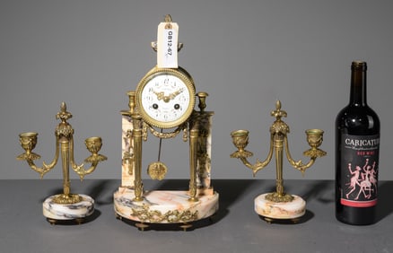 French Bronze & Marble Clock with Garnitures
