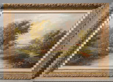 E. Horton Antique Oil on Canvas Landscape - Cows