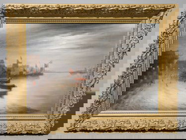 Antique Gold Framed Oil on Canvas Harbor Scene