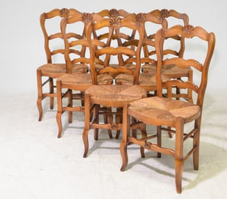 Louis XV Style Set of 7 Oak Rush Seat Dining Chairs