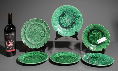 6 Assorted Green Majolica Plates
