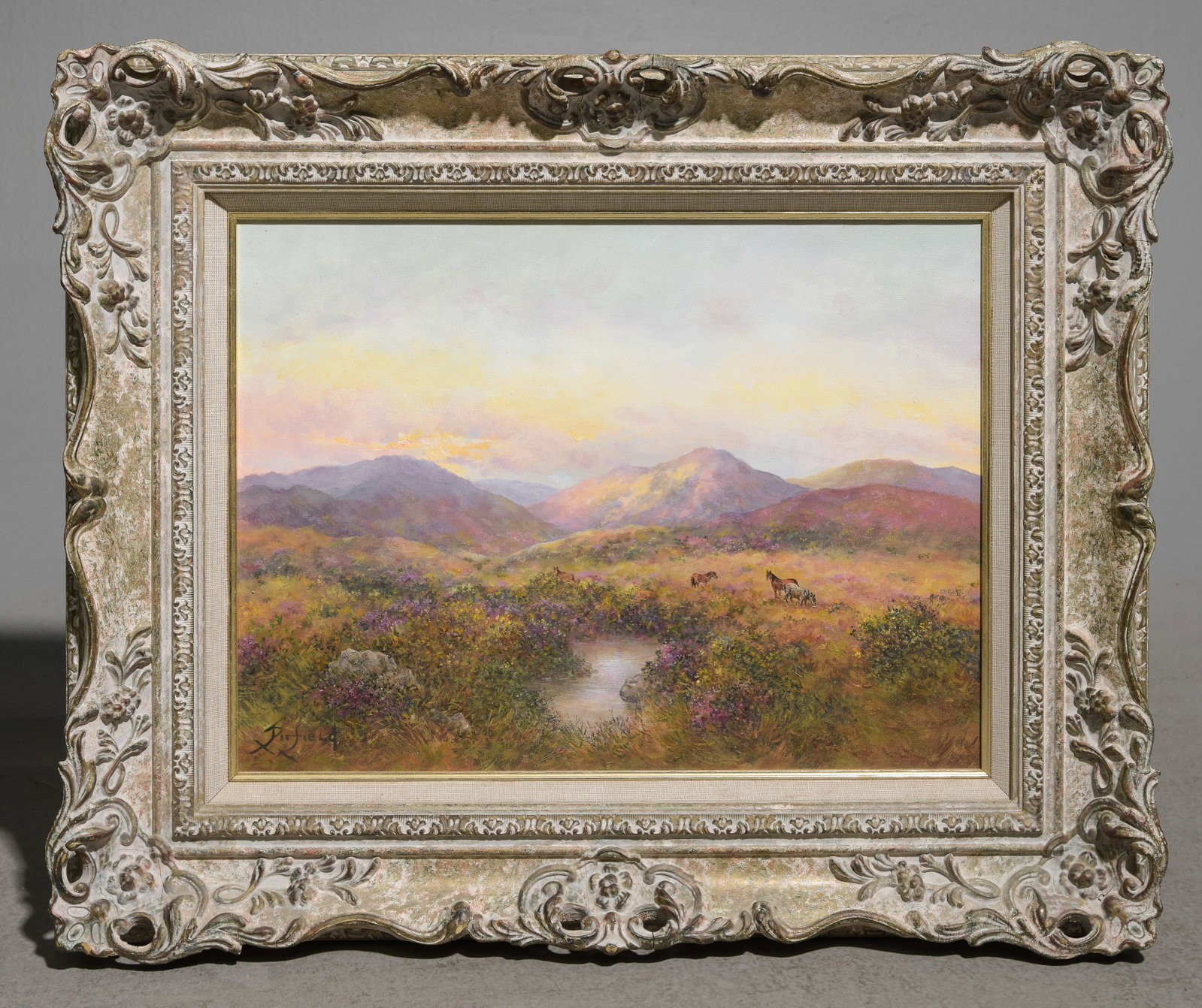 J. Pirfield Oil on Canvas - Connemara Ponies Eire: John Pirfield Framed Oil on Canvas Landscape with Horses - "Connemara Ponies Eire" - 19 in tall x 23 x 2 - This has a certificate of authenticity