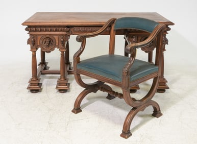 Renaissance Style Walnut Desk with Arm Chair