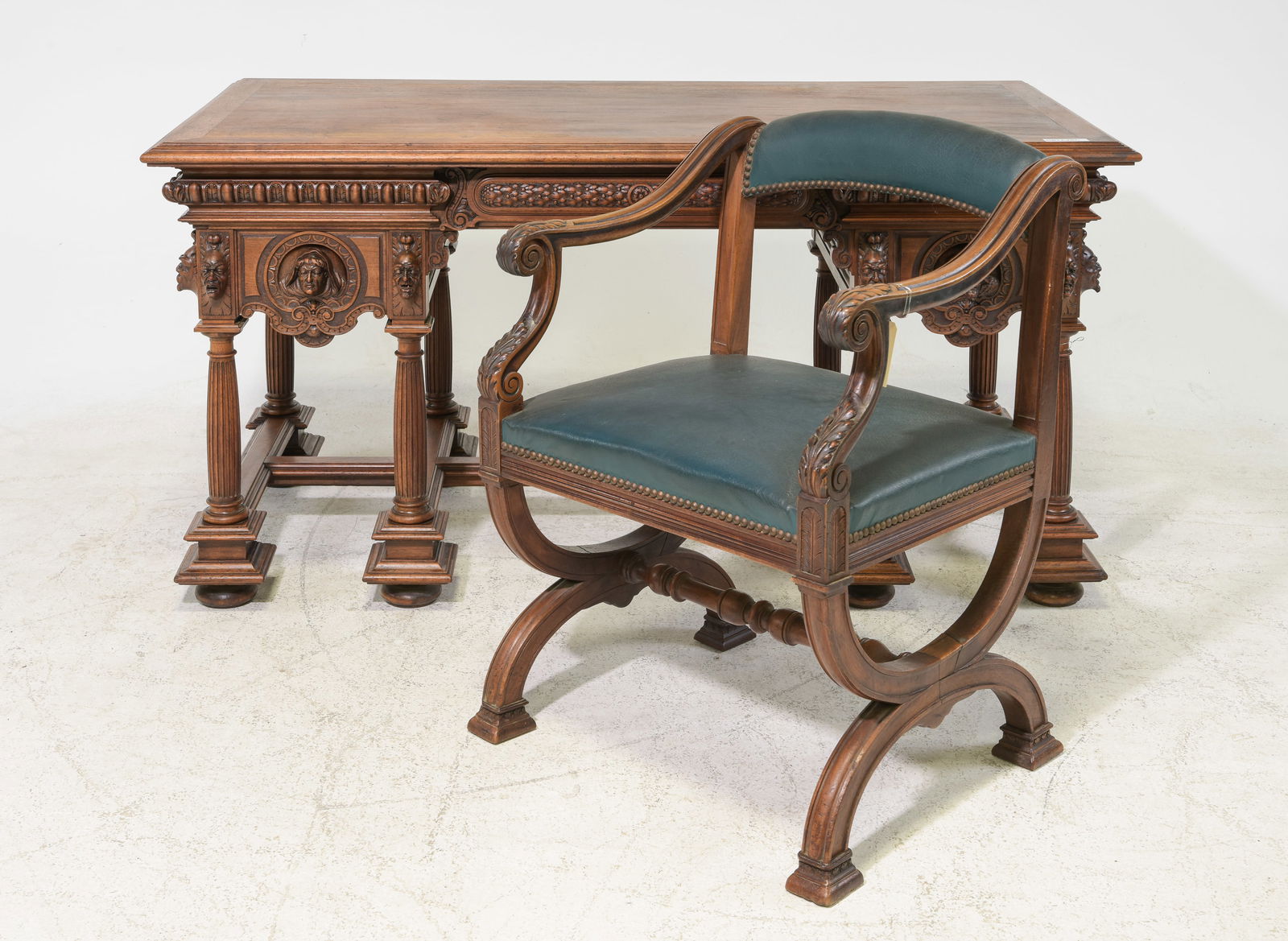 Renaissance Style Walnut Desk with Arm Chair (1 of 8)