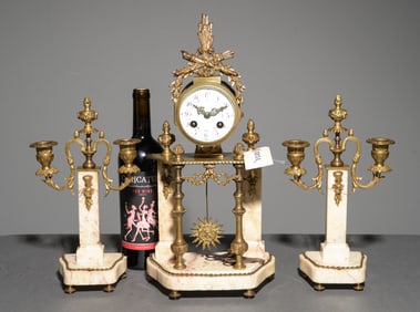 French Bronze & Marble Clock with Garnitures