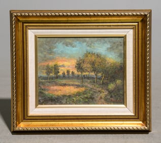 Small Gold Framed Oil on Canvas Sunset Landscape
