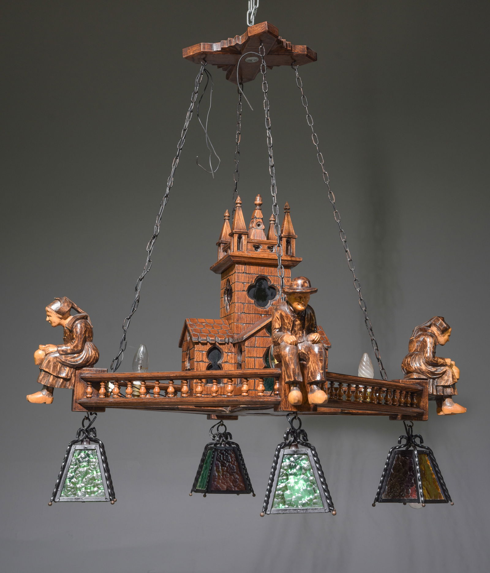 French Breton Style Carved Oak Chandelier (1 of 4)