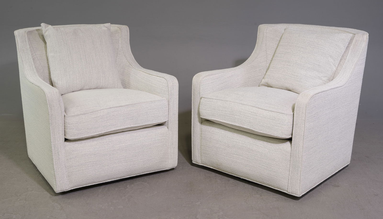 Modernist Pair of Linen Swivel Lounge Chairs (1 of 5)