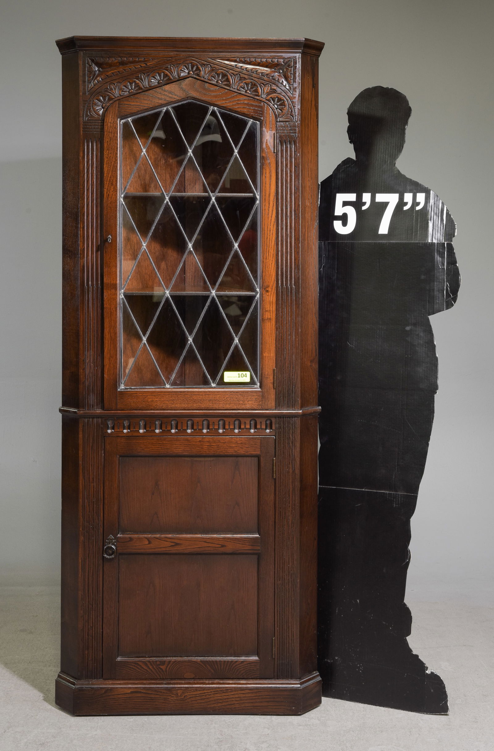 English Carved Oak Leaded Glass Corner Cabinet: English Carved Oak Leaded Glass Corner Cabinet- 69 in tall x 27.5 x 15.5